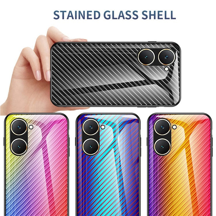 For vivo Y03 Tempered Glass Case Carbon Fiber Texture Anti-drop Phone Cover - Colorful Fiber