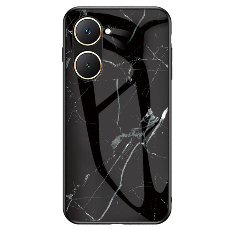 For vivo Y03 Printed Phone Case Tempered Glass+PC Back Cover with TPU Edges - Black Marble
