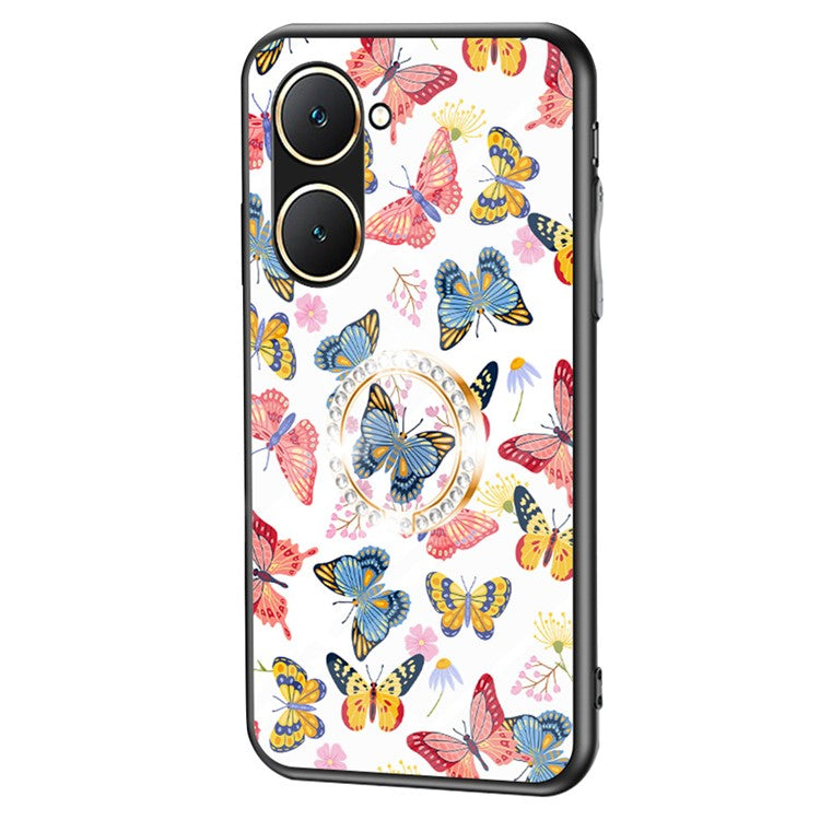 For vivo Y03 Case Butterfly Pattern Tempered Glass Phone Cover Rotation Finger Holder - Colorful Butterfly