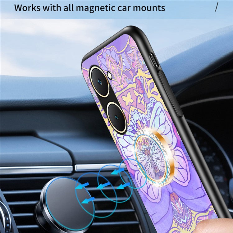 For vivo Y03 Case Butterfly Pattern Tempered Glass Phone Cover Rotation Finger Holder - Colorful Butterfly