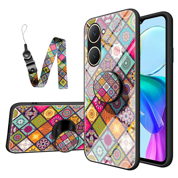 For vivo Y03 Case Kickstand Ethnic Pattern Tempered Glass+PC+TPU Phone Cover - Color Pattern