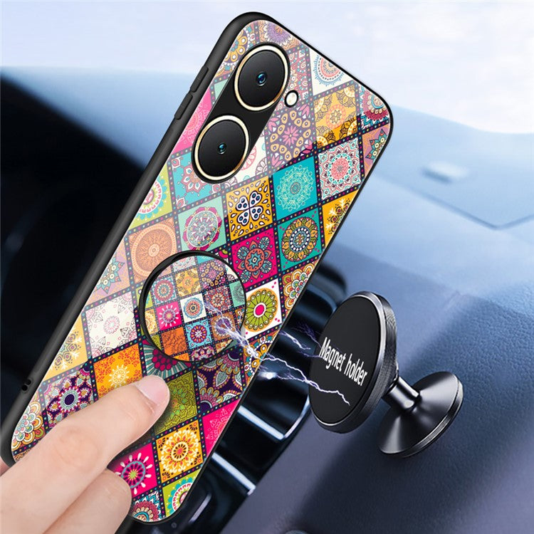For vivo Y03 Case Kickstand Ethnic Pattern Tempered Glass+PC+TPU Phone Cover - Color Pattern