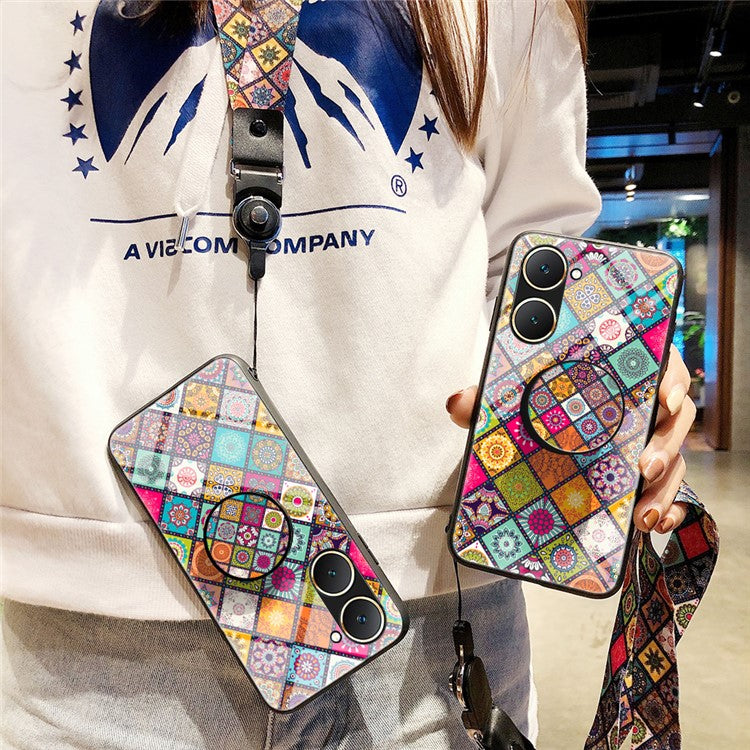 For vivo Y03 Case Kickstand Ethnic Pattern Tempered Glass+PC+TPU Phone Cover - Color Pattern