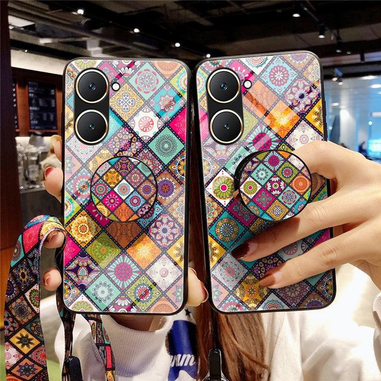 For vivo Y03 Case Kickstand Ethnic Pattern Tempered Glass+PC+TPU Phone Cover - Color Pattern