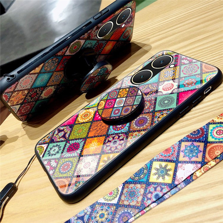For vivo Y03 Case Kickstand Ethnic Pattern Tempered Glass+PC+TPU Phone Cover - Color Pattern