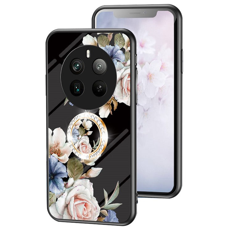For Realme 12 Pro+ 5G / 12 Pro Case Ring Holder Tempered Glas Phone Cover Flowers Design - Black Flower Bush