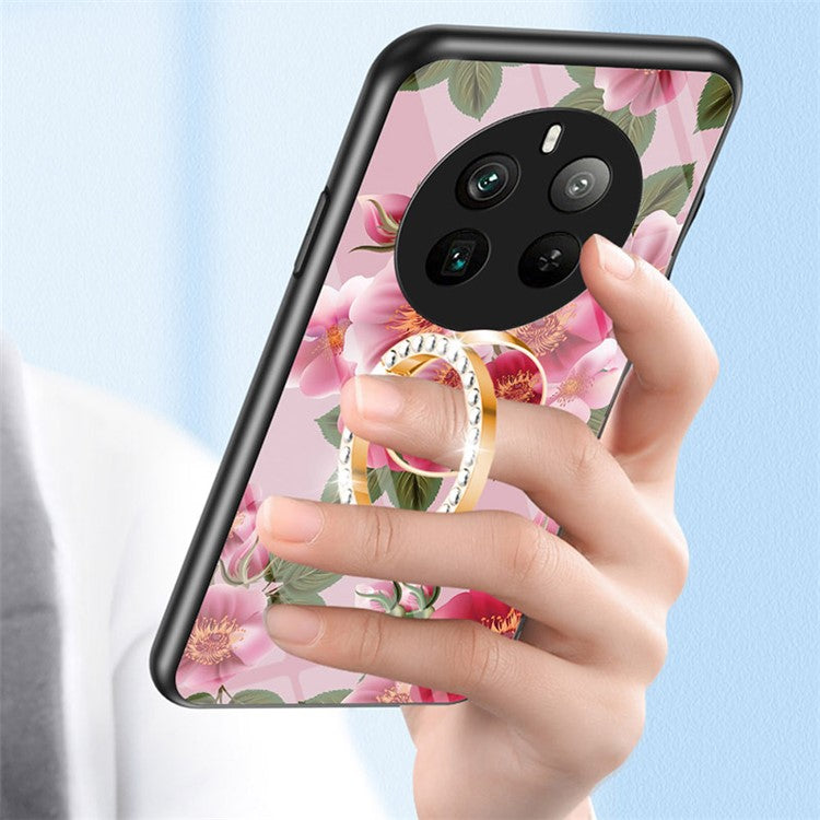 For Realme 12 Pro+ 5G / 12 Pro Case Ring Holder Tempered Glas Phone Cover Flowers Design - Black Flower Bush