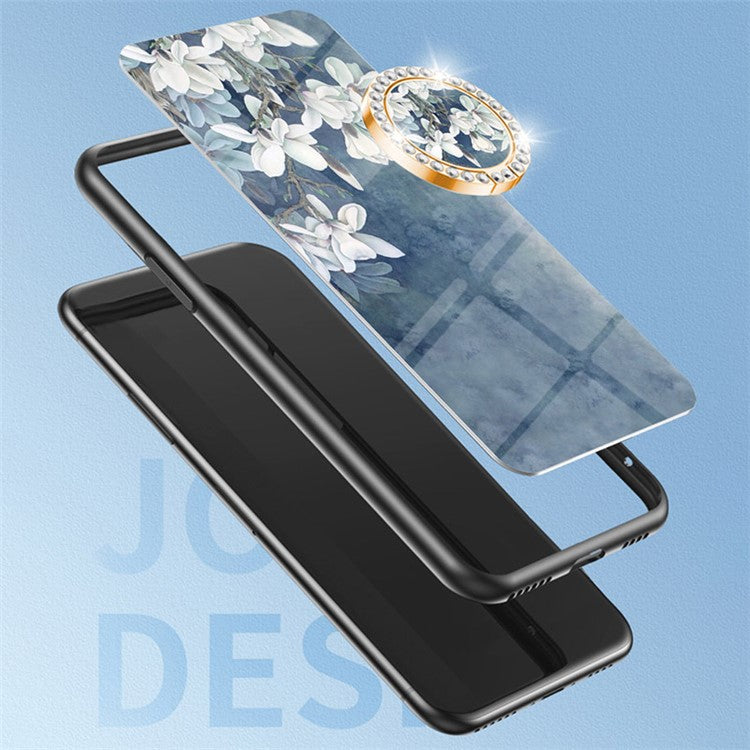 For Realme 12 Pro+ 5G / 12 Pro Case Ring Holder Tempered Glas Phone Cover Flowers Design - Black Flower Bush