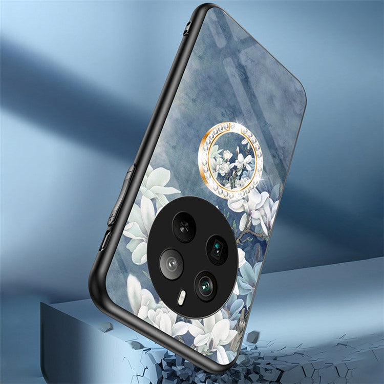 For Realme 12 Pro+ 5G / 12 Pro Case Ring Holder Tempered Glas Phone Cover Flowers Design - Black Flower Bush