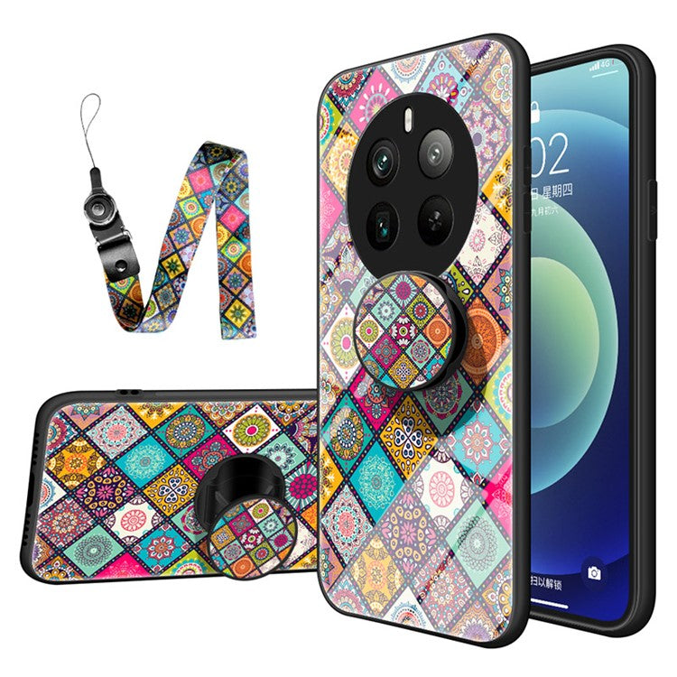 For Realme 12 Pro 5G / 12 Pro+ 5G Tempered Glass Case Pattern Print Kickstand Phone Cover -  Checkered Pattern
