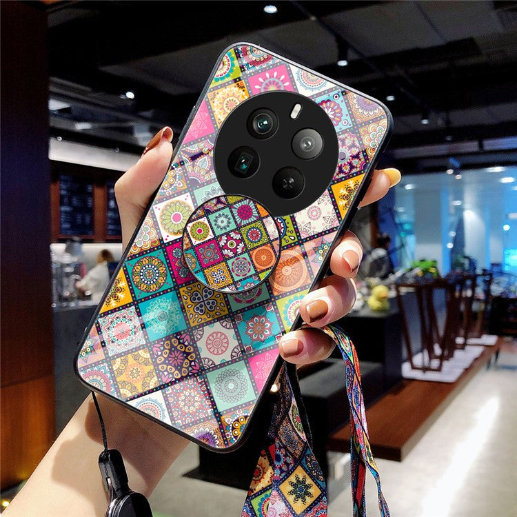 For Realme 12 Pro 5G / 12 Pro+ 5G Tempered Glass Case Pattern Print Kickstand Phone Cover -  Checkered Pattern
