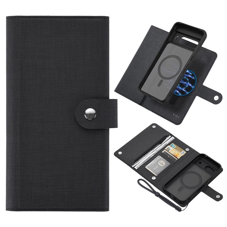 GMB Series For Google Pixel 8a Magnetic Case RFID Blocking Detachable Leather Wallet Phone Cover - Black