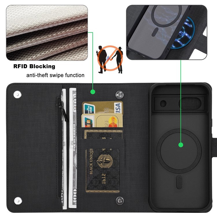 GMB Series For Google Pixel 8a Magnetic Case RFID Blocking Detachable Leather Wallet Phone Cover - Black