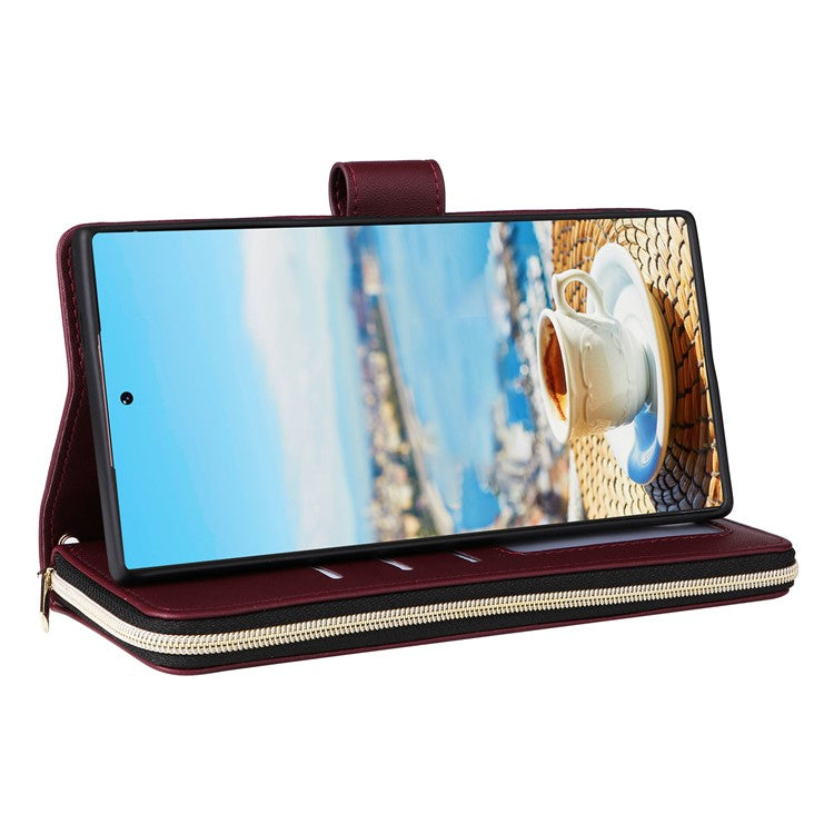 For Samsung Galaxy S22 Ultra 5G Case Rhombus Grid Leather Phone Cover with Zipper Pocket - Wine Red