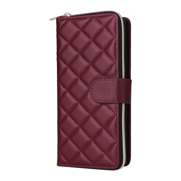 For Samsung Galaxy S22 Ultra 5G Case Rhombus Grid Leather Phone Cover with Zipper Pocket - Wine Red
