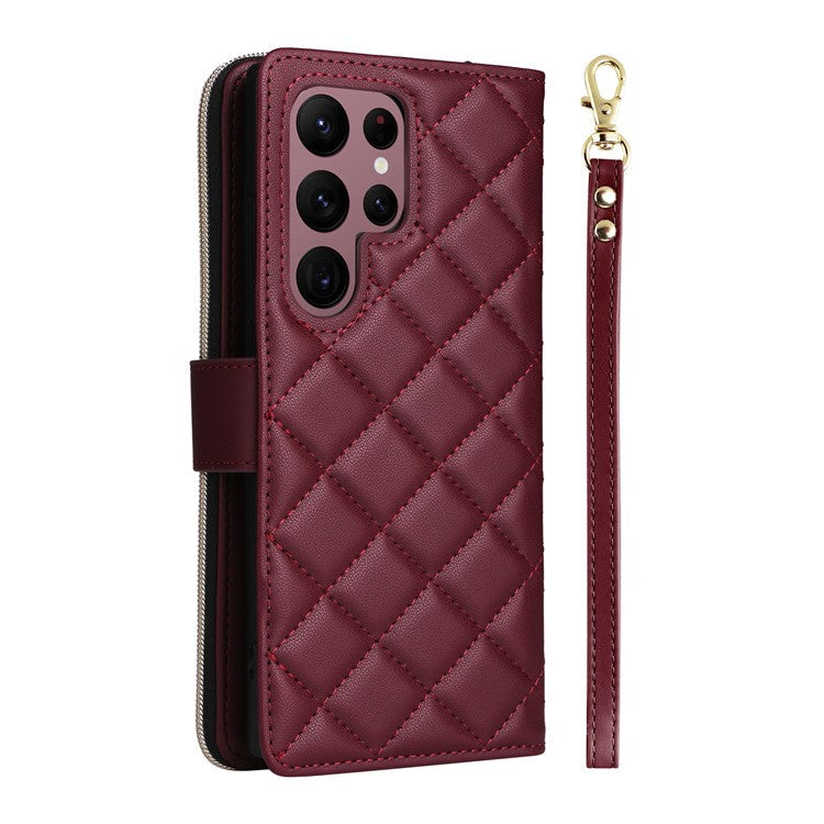 For Samsung Galaxy S22 Ultra 5G Case Rhombus Grid Leather Phone Cover with Zipper Pocket - Wine Red