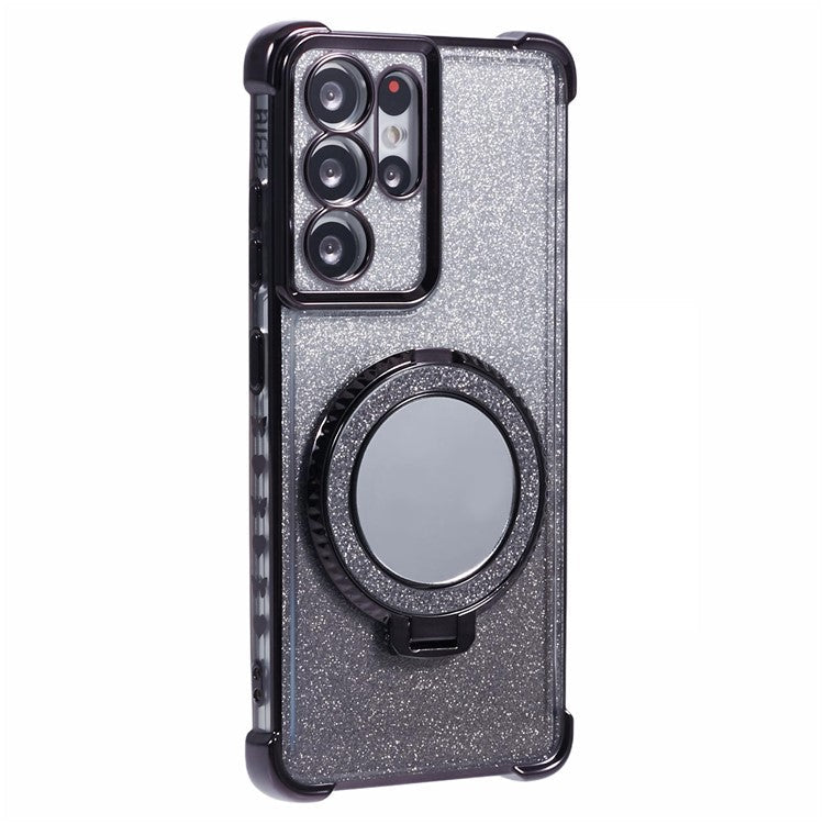 For Samsung Galaxy S21 Ultra 5G Case Glitter TPU Mirror Phone Cover Kickstand - Black