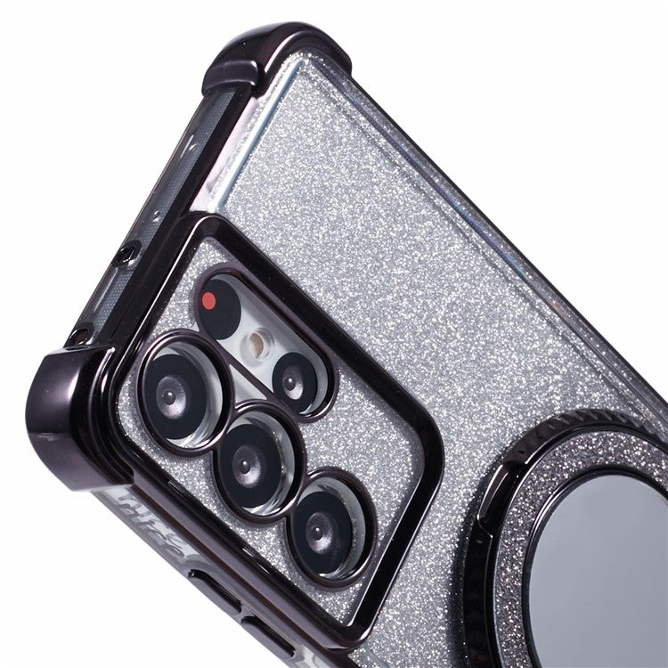 For Samsung Galaxy S21 Ultra 5G Case Glitter TPU Mirror Phone Cover Kickstand - Black