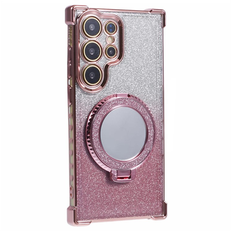 For Samsung Galaxy S24 Ultra Case Glitter TPU Phone Cover with Kickstand Mirror - Pink