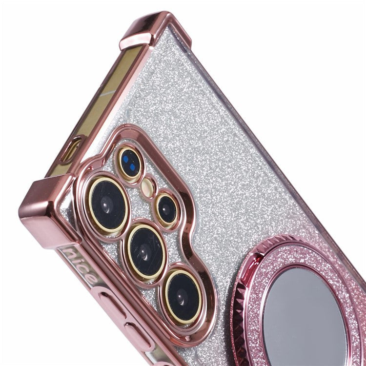 For Samsung Galaxy S24 Ultra Case Glitter TPU Phone Cover with Kickstand Mirror - Pink