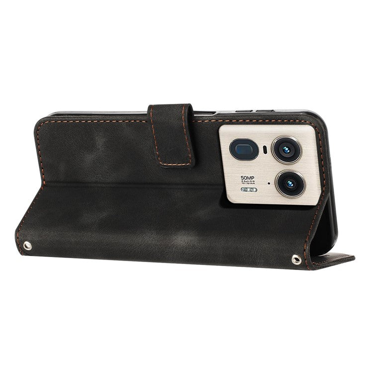 For Motorola Edge 50 Ultra 5G / Moto X50 Ultra 5G Case Leather Wallet Flip Phone Cover Triangle Imprinted - Black