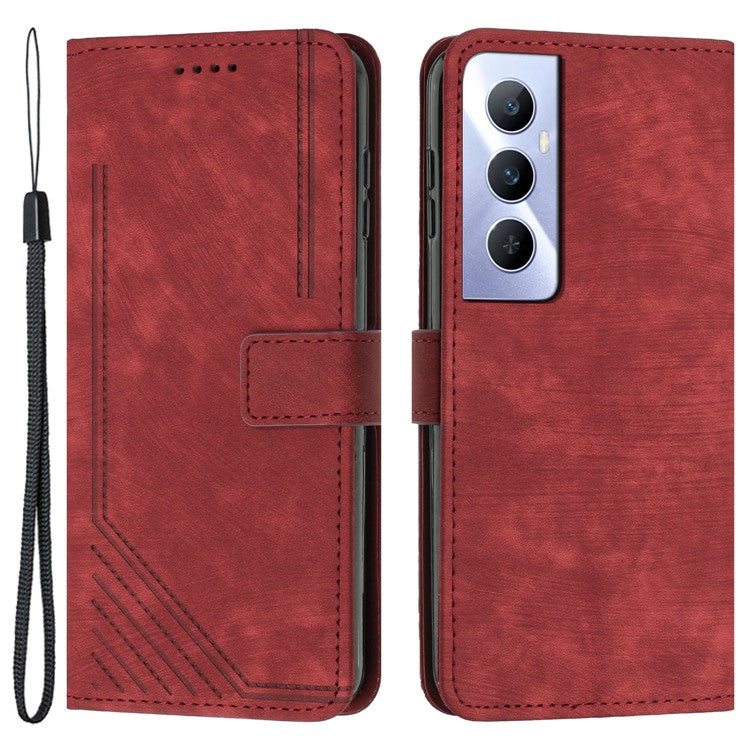 For Realme C65 4G Case Imprinted Lines Wallet Leather Flip Phone Cover - Red