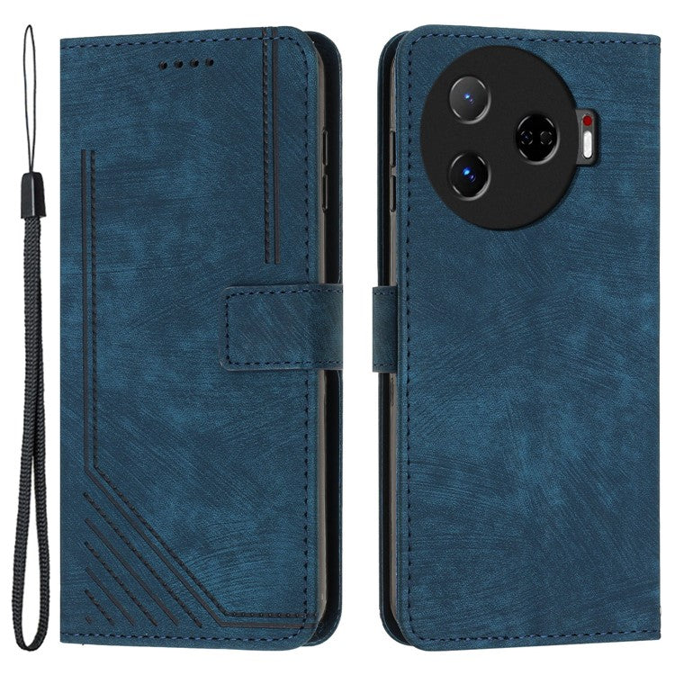 For TECNO Camon 30 Pro 5G Phone Cover Lines Imprinted Anti-Scratch PU Leather Stand Case - Sapphire