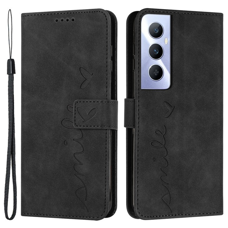 For Realme C65 4G Wallet Case Love Heart Imprinted Skin-Touch Feeling Leather Cover - Black