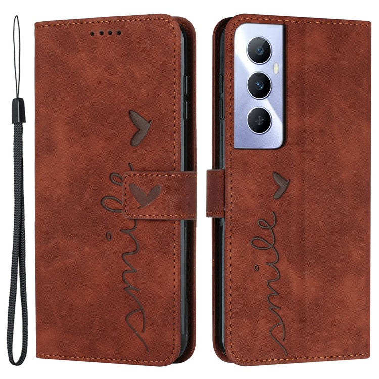 For Realme C65 4G Wallet Case Love Heart Imprinted Skin-Touch Feeling Leather Cover - Brown
