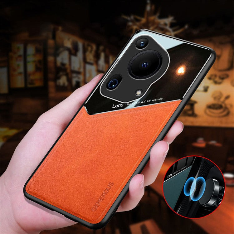 For Huawei Pura 70 Ultra Case PU+TPU+PC Anti-Drop Phone Cover Support Magnetic Car Mount - Orange