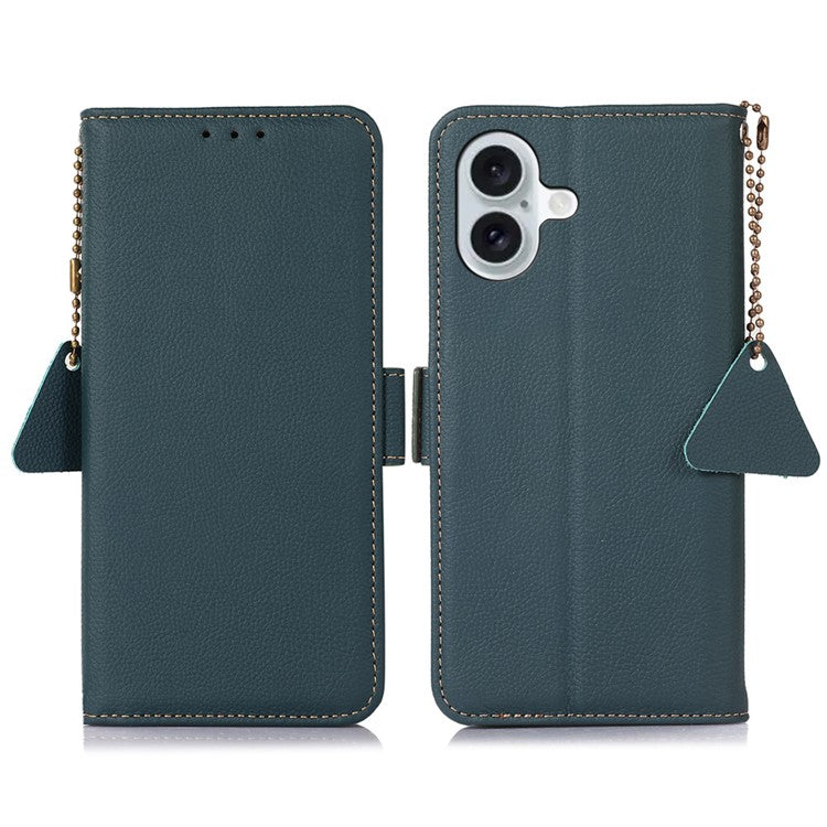 TJ For iPhone 16 Plus Case Genuine Cow Leather RFID Blocking Wallet Phone Cover - Green