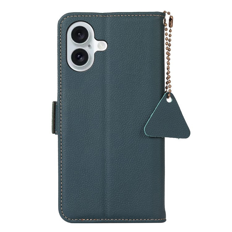 TJ For iPhone 16 Plus Case Genuine Cow Leather RFID Blocking Wallet Phone Cover - Green