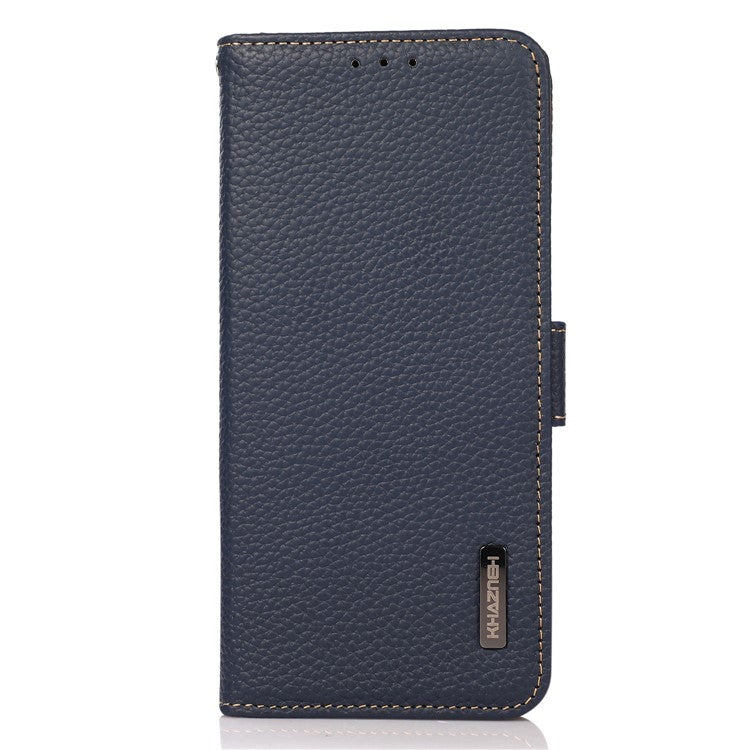 KHAZNEH For iPhone 16 Case Genuine Cow Leather Phone Cover RFID Blocking Wallet - Blue