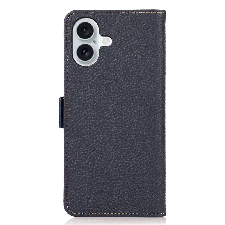 KHAZNEH For iPhone 16 Case Genuine Cow Leather Phone Cover RFID Blocking Wallet - Blue