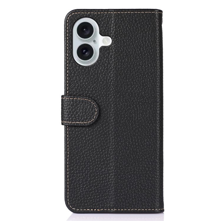 KHAZNEH For iPhone 16 Case Genuine Cow Leather Phone Cover Litchi Texture - Black