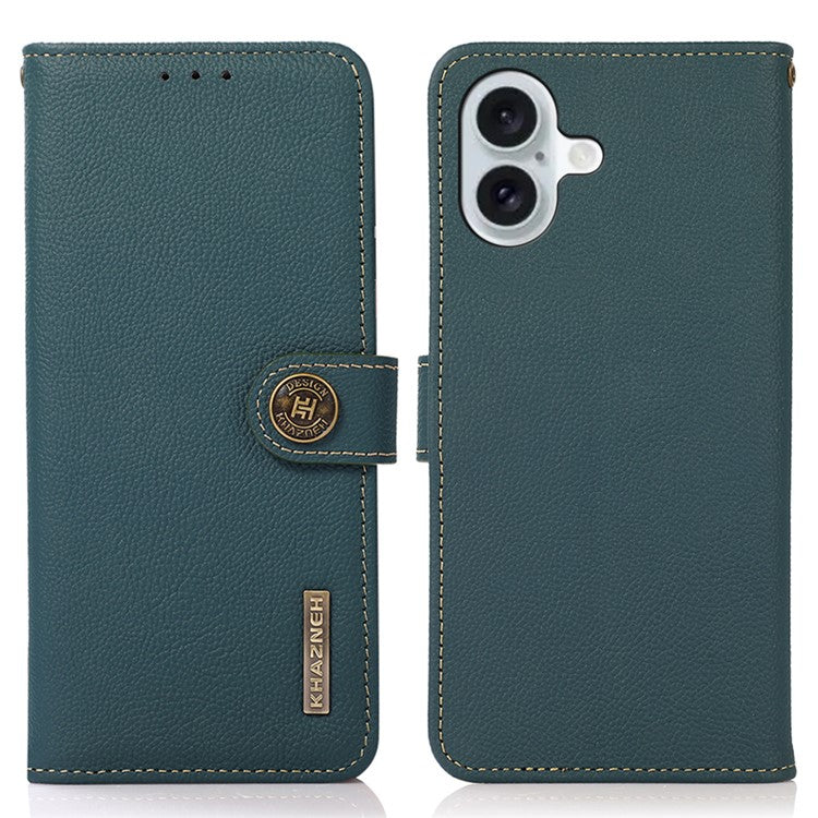 KHAZNEH For iPhone 16 Case RFID Blocking Genuine Cow Leather Phone Wallet Cover - Green