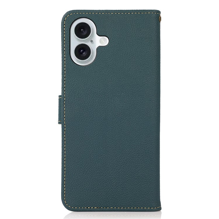 KHAZNEH For iPhone 16 Case RFID Blocking Genuine Cow Leather Phone Wallet Cover - Green