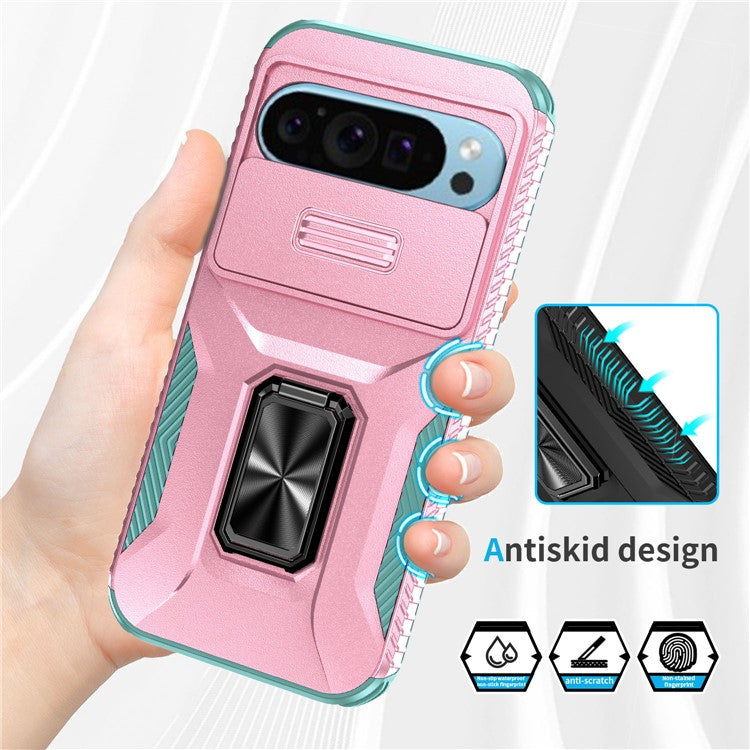 For Google Pixel 9 / Pixel 9 Pro Kickstand Case TPU+PC Phone Cover Support Magnetic Car Mount - Pink+Grey Green