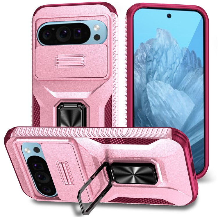 For Google Pixel 9 / Pixel 9 Pro Kickstand Case TPU+PC Phone Cover Support Magnetic Car Mount - Pink+Wine Red
