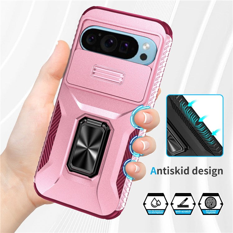 For Google Pixel 9 / Pixel 9 Pro Kickstand Case TPU+PC Phone Cover Support Magnetic Car Mount - Pink+Wine Red
