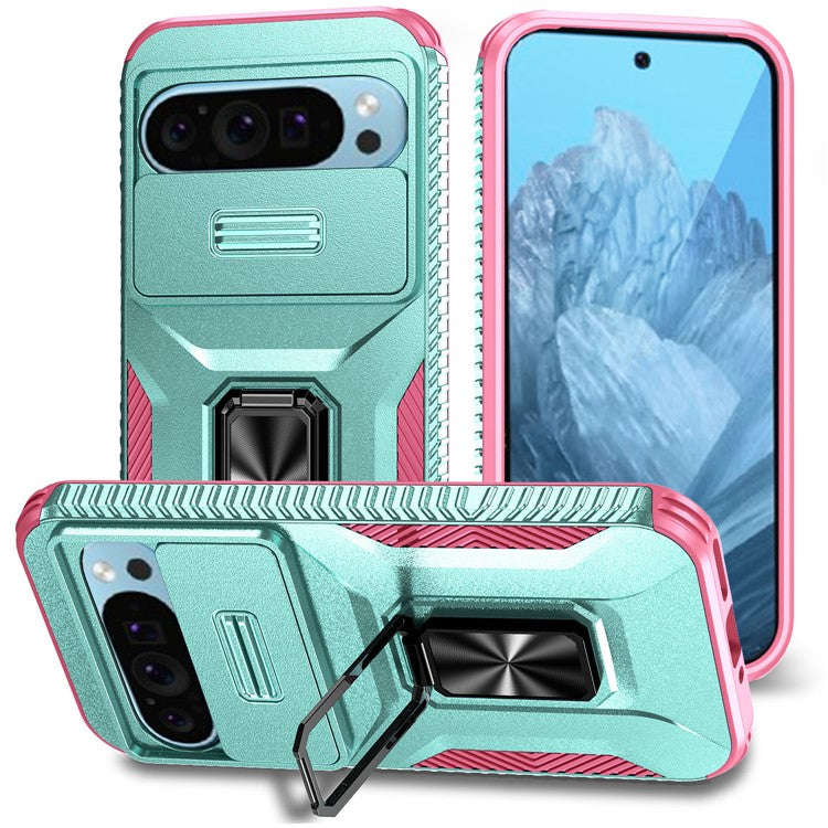 For Google Pixel 9 / Pixel 9 Pro Kickstand Case TPU+PC Phone Cover Support Magnetic Car Mount - Grey Green+Pink