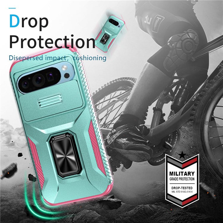 For Google Pixel 9 / Pixel 9 Pro Kickstand Case TPU+PC Phone Cover Support Magnetic Car Mount - Grey Green+Pink