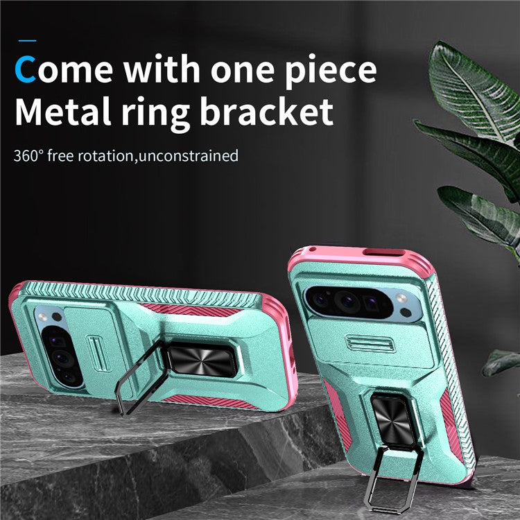 For Google Pixel 9 / Pixel 9 Pro Kickstand Case TPU+PC Phone Cover Support Magnetic Car Mount - Grey Green+Pink