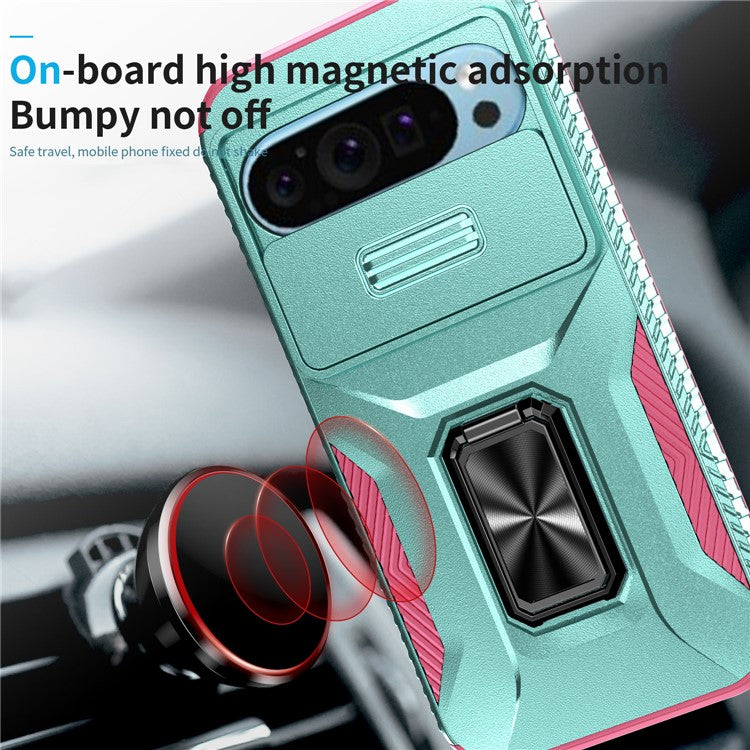 For Google Pixel 9 / Pixel 9 Pro Kickstand Case TPU+PC Phone Cover Support Magnetic Car Mount - Grey Green+Pink