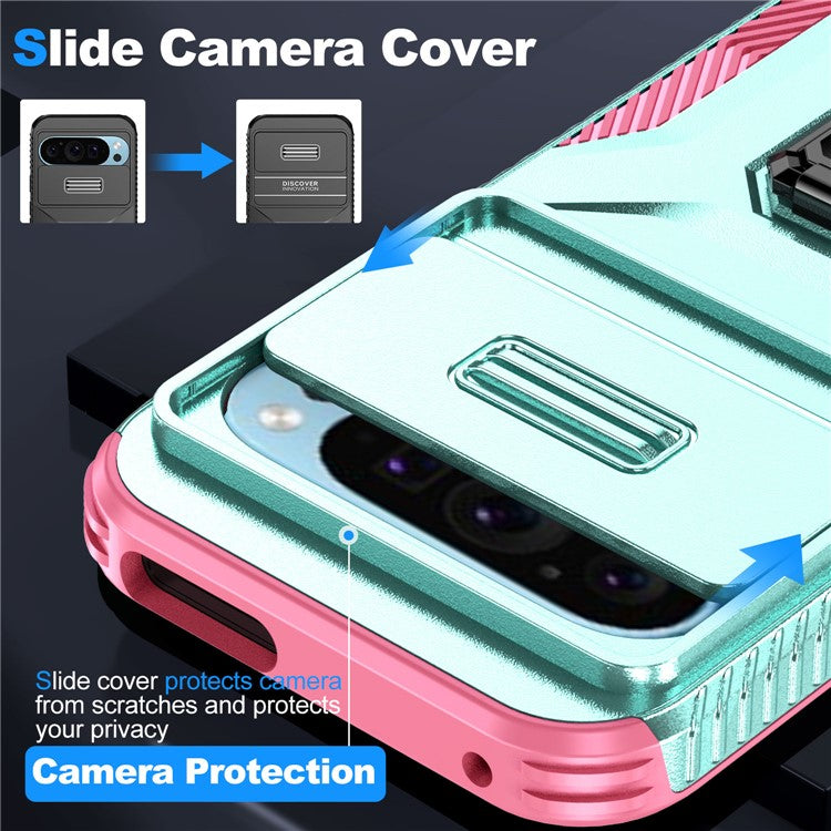 For Google Pixel 9 / Pixel 9 Pro Kickstand Case TPU+PC Phone Cover Support Magnetic Car Mount - Grey Green+Pink