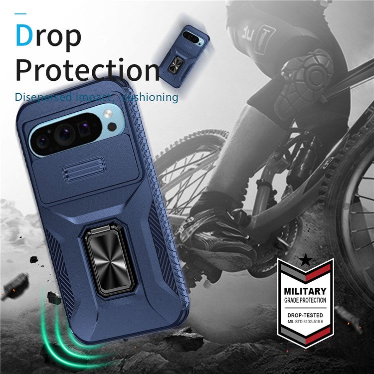 For Google Pixel 9 / Pixel 9 Pro Kickstand Case TPU+PC Phone Cover Support Magnetic Car Mount - Blue