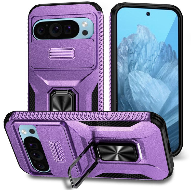 For Google Pixel 9 / Pixel 9 Pro Kickstand Case TPU+PC Phone Cover Support Magnetic Car Mount - Purple
