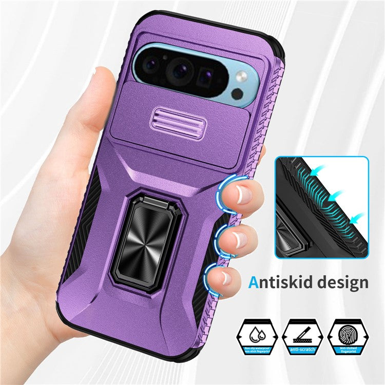 For Google Pixel 9 / Pixel 9 Pro Kickstand Case TPU+PC Phone Cover Support Magnetic Car Mount - Purple