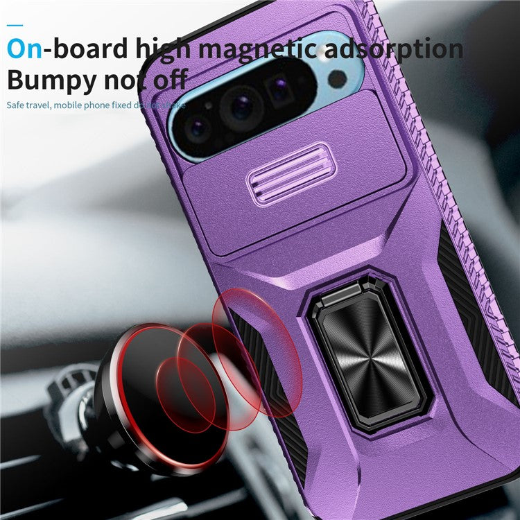 For Google Pixel 9 / Pixel 9 Pro Kickstand Case TPU+PC Phone Cover Support Magnetic Car Mount - Purple