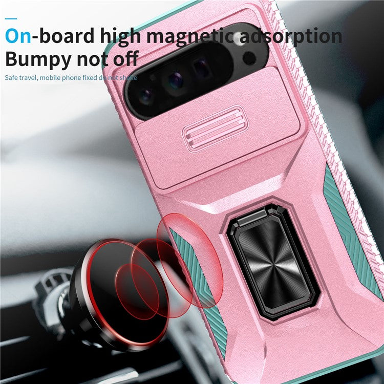 For Google Pixel 9 Pro XL Case TPU+PC Ring Kickstand Phone Cover with Lens Guard - Pink+Grey Green
